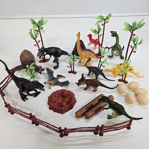 Dinosaur Figures Playset Velociraptor Brontosaurus Triceratops Trees Volcano
